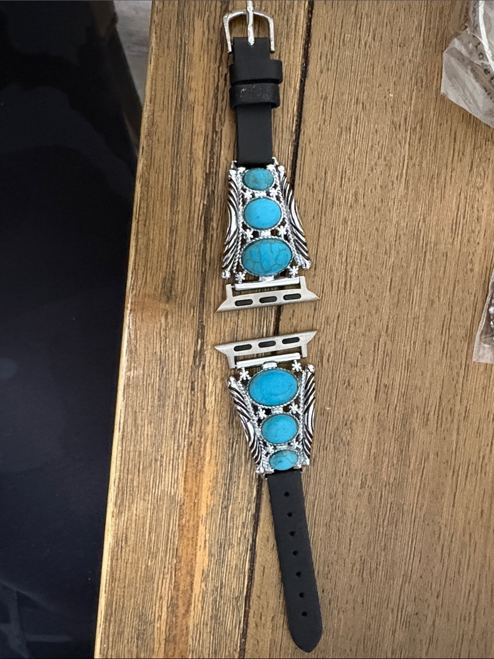 Black Apple Watch Band with faux Turquoise Stone Accents 38-42mm